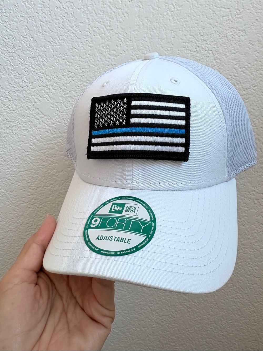 White Snaoback Hat with Thin Blue Line Flag Patch